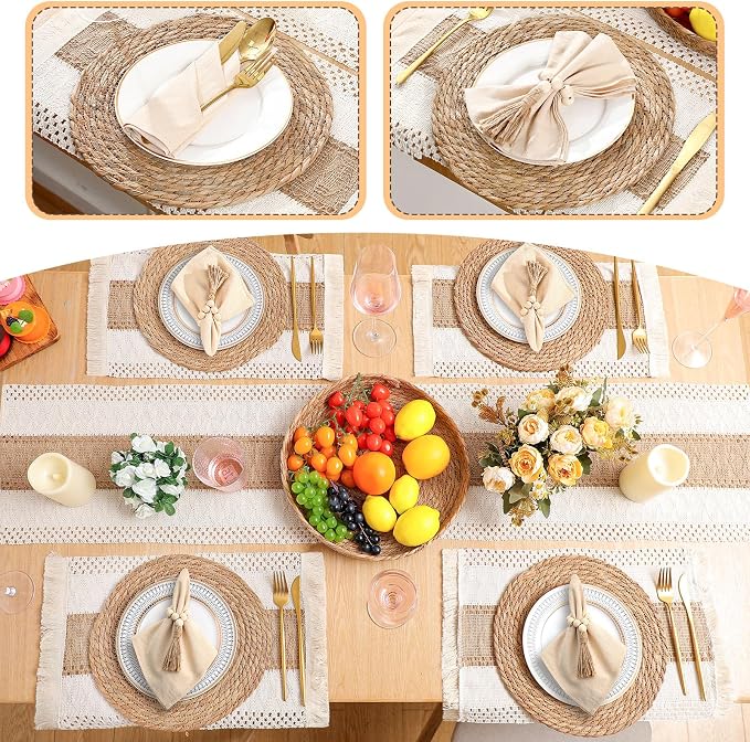 6 Sets Boho Decoration Placemats Round Woven Placemats, Cloth Napkins, Wood Bead Napkin Rings, Long Table Runner and Farmhouse Burlap Cotton for Table Kitchen (Khaki,12x72)