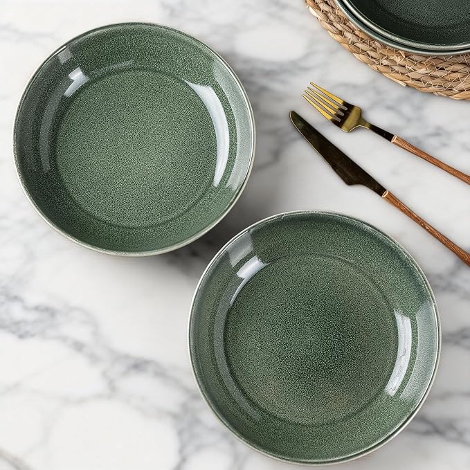 AmorArc 8.5’’ Ceramic Pasta Bowls Set of 4, 36oz Large Stoneware Bowls Set | Large Dinner Serving Bowls Set, Wide Bowl Plate for Pasta,Salad, Soup, Microwave Safe, Reactive Glaze-Jade Green