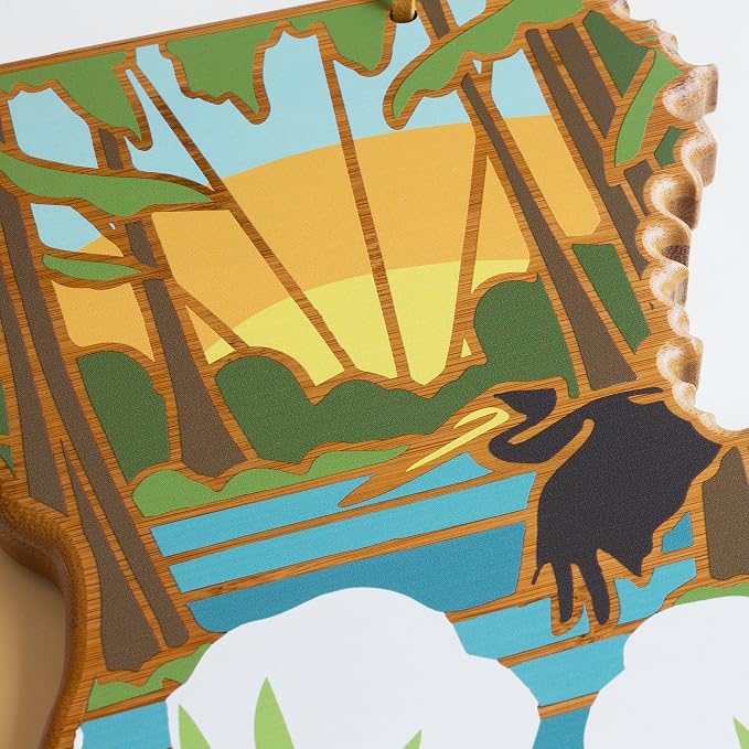 Totally Bamboo Louisiana State Shaped Cutting Board, Summer Stokes Art | State charcuterie board with colorful hand-drawn landscape art. Smooth reverse side for food prep. Hang tie for wall display.