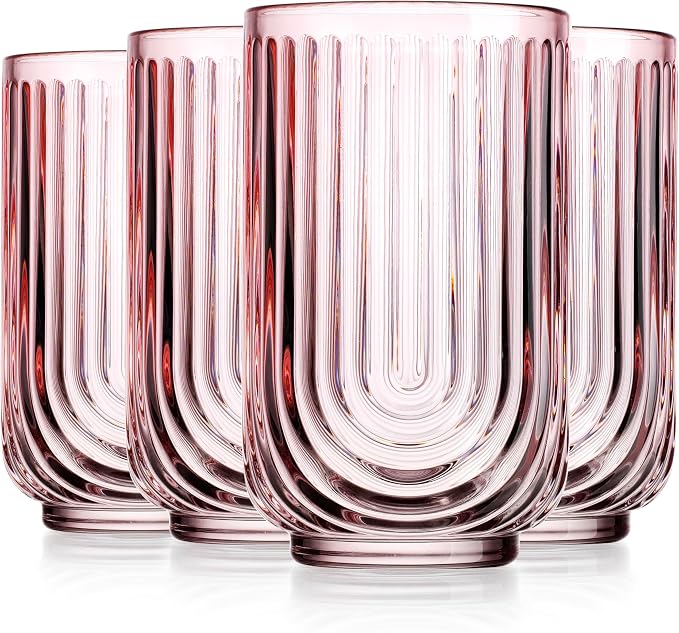 Glaver's Vintage Glassware Art Deco Glasses Ribbed Drinking Glasses U-Shape Arch Design Colored Cocktail Kitchen Tumblers Everyday Dinner Decorative Party Hand-Wash Only (Pink S/4 17oz)