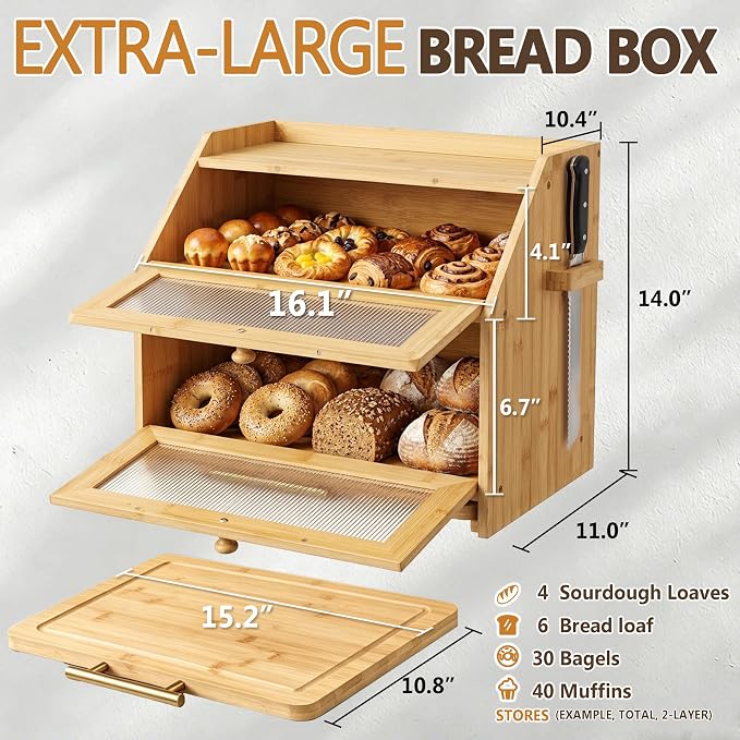 Bread Box for Kitchen Countertop & Cutting Board, 16" Large Bread Container | Bamboo Bread Box with Tool Holder & Cutting Board & Handle, 2-Tier Kitchen Organizer for Homemade Bread & Condiments, Natural
