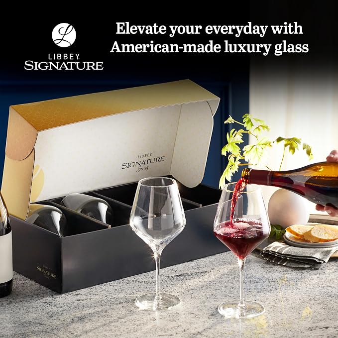 Libbey Signature Greenwich Red Wine Glasses Set of 4, 24 Oz Wine Glass Gift Set with Pulled Stem, Stemware Glasses for Cocktails, and More