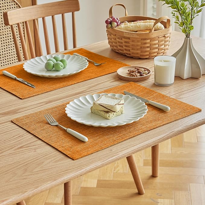Softalker Faux Linen Placemats Set of 4-12 x 18 Inch, Heat Resistant Double Layered Durable Burlap Farmhouse Place Mats, Non-Slip Washable Rustic Table Mats for Dining, Kitchen, Party（Orange