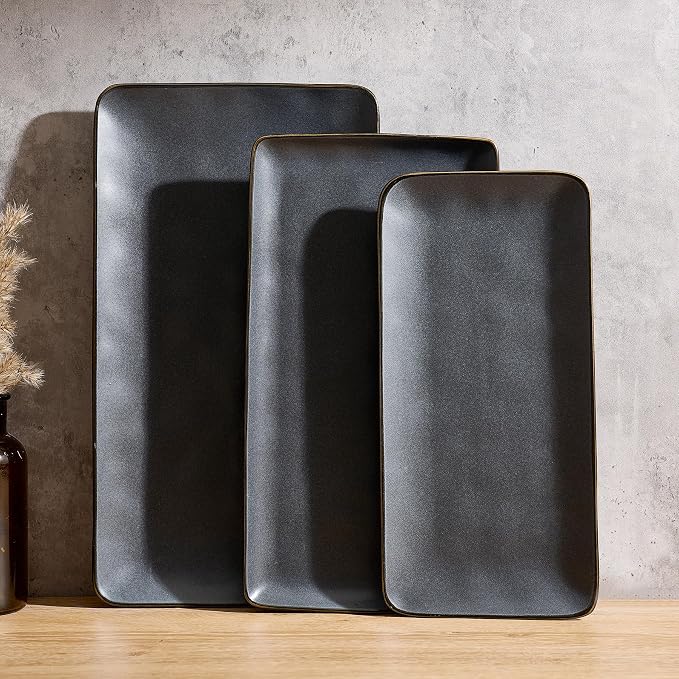 Famiware Serving Platters Set of 3 Sizes - Rectangular, Matte Dark Charcoal | 15.67"/14.1"/12.6" Fine Stoneware Serving Trays for Party, Entertaining for Food, Turkey, Cheese, Microwave Dishwasher Safe