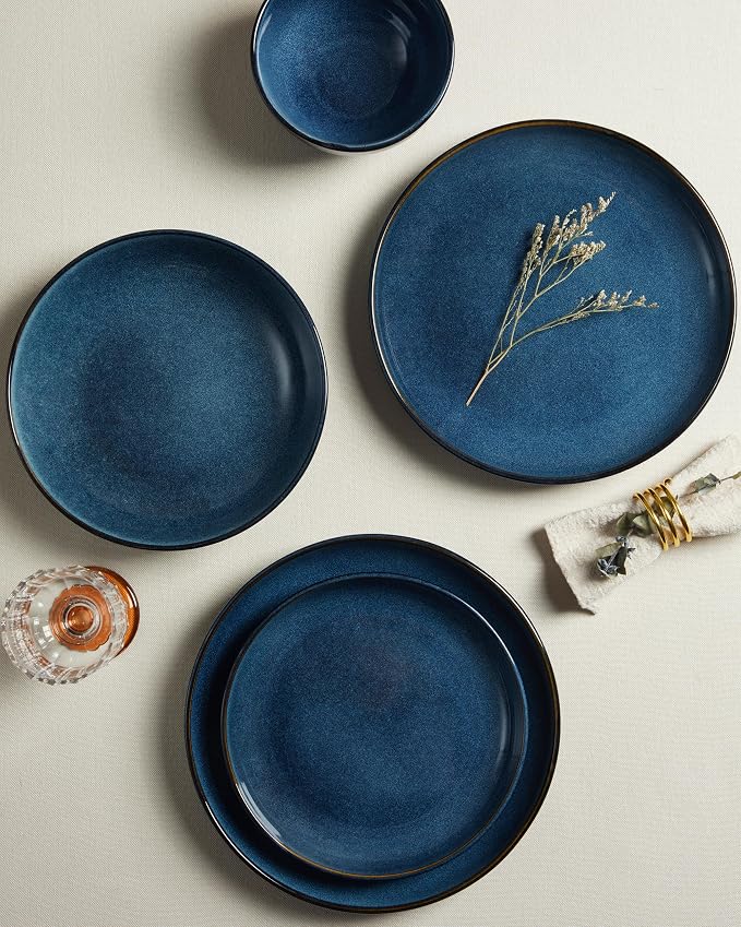 24 Piece Dinnerware Sets for 8, Modern Stoneware Plates and Bowls Setst, Perfect for Family Gatherings & Holiday Celebrations, Easy Cleaning Dishes Set, Stack Compactly Dishware, Starry Blue