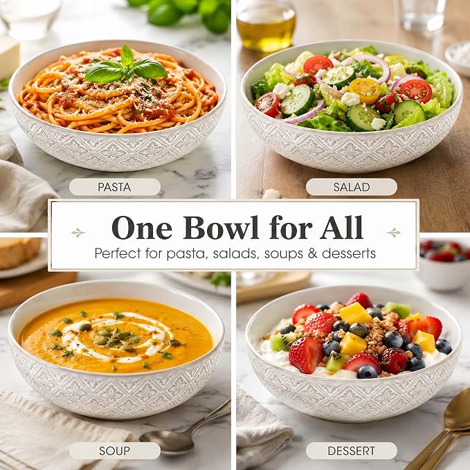 22 Oz Pasta Bowls Set of 4, Ceramic Soup Bowls, 8 inch Large Serving Bowl, Porcelain Kitchen Embossed Dish for Salad, Fruit, Rice, Desserts, Housewarming Wedding Gifts, Dishwasher Safe