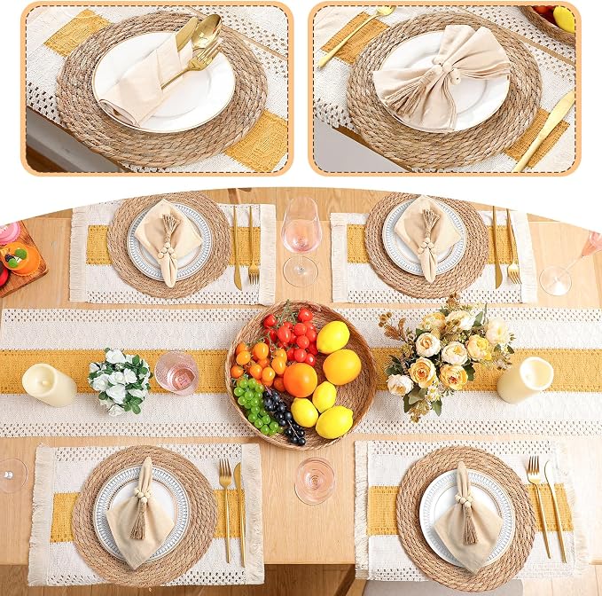 6 Sets Boho Decoration Placemats Round Woven Placemats, Cloth Napkins, Wood Bead Napkin Rings, Long Table Runner and Farmhouse Burlap Cotton for Table Kitchen (Yellow,12x72)