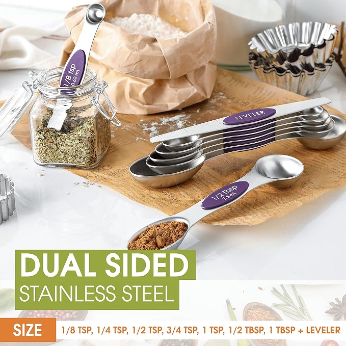 Spring Chef Stainless Steel Magnetic Measuring Spoons Set of 8, Purple | Metal Teaspoon & Tablespoon Measuring Spoons w/ Leveler for Dry & Liquid Ingredients, Measure Spoons for Baking & Cooking