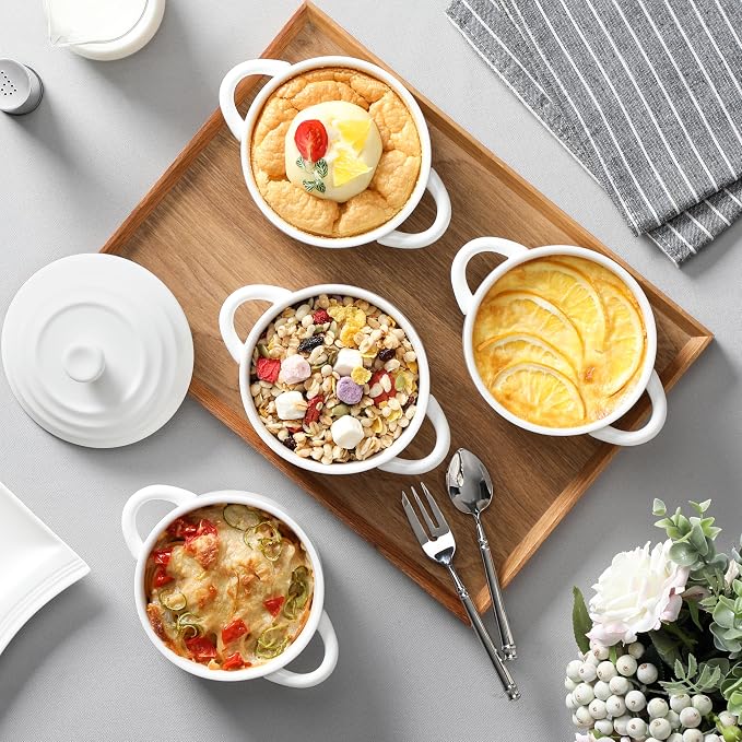 MALACASA Mini Cocotte Set of 4, 14 OZ Ceramic Casserole Dishes with Lids | Single Serving Small Dutch Oven Set, Lasagna, Soufflé, French Onion Soup, Pudding, Oven, Dishwasher Safe with Handles, White