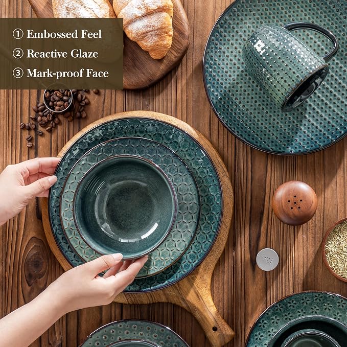 MALACASA 16 Pieces Dinnerware Sets, Farmhouse Plates and Bowls Sets, Embossed Green Dish Set for 4, Vintage Relief Ceramic Dish Set with Mugs, Microwave and Dishwasher Safe, Series LYDIA
