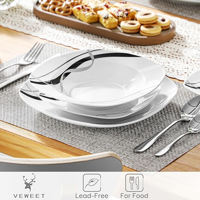 VEWEET Ceramic Dinnerware Sets for 6, White and Black Dishes Set, FIONA | Porcelain Dinner Set Including Dessert Plates, Soup Plates, Dinner Plates, Cups & Saucers, Microwave & Dishwasher Safe