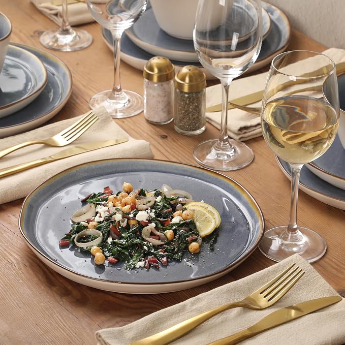 Gibson Elite Algeria River Plates and Bowls Sets, 12-Piece Stoneware Dinnerware Sets, Reactive Glaze Dish Set - Blue
