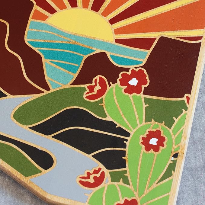 Totally Bamboo Arizona State Shaped Cutting Board, Summer Stokes Art | State charcuterie board with colorful hand-drawn landscape art. Smooth reverse side for food prep. Hang tie for wall display.