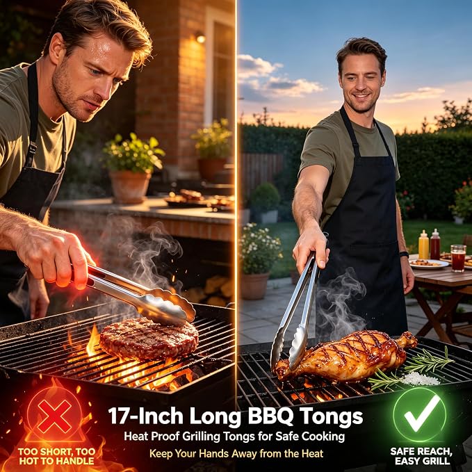 Grill Tongs, 17 Inch Extra Long BBQ tongs - Heavy Duty Kitchen Tong | 600 Degrees Heat Resistant Stainless Steel tong, Heavy Duty Metal Locking Tongs for Grilling, Cooking, Outdoor Barbecue