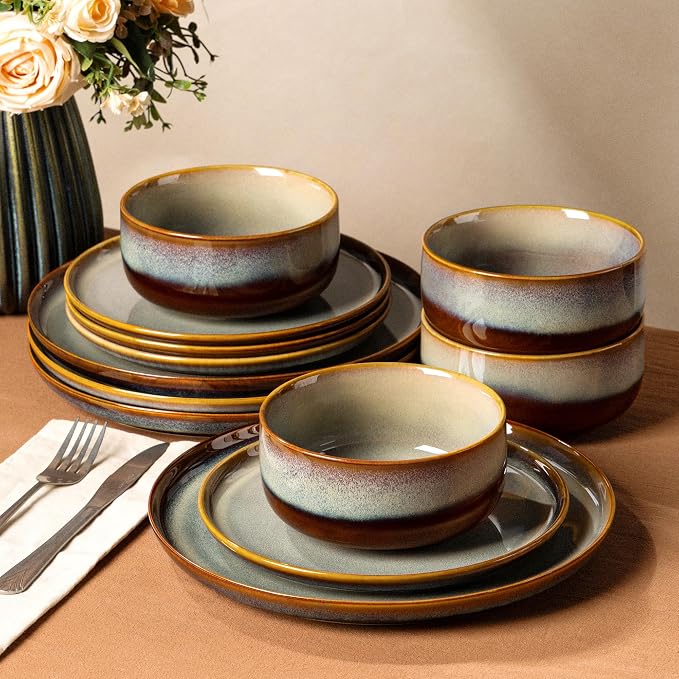 Ceramic Dinnerware Set for 4, 12-Piece Plates and Bowls Set | Handmade Reactive Glaze Dish Set, Scratch Resistant, Oven & Microwave & Dishwasher Safe, Dusk Blue