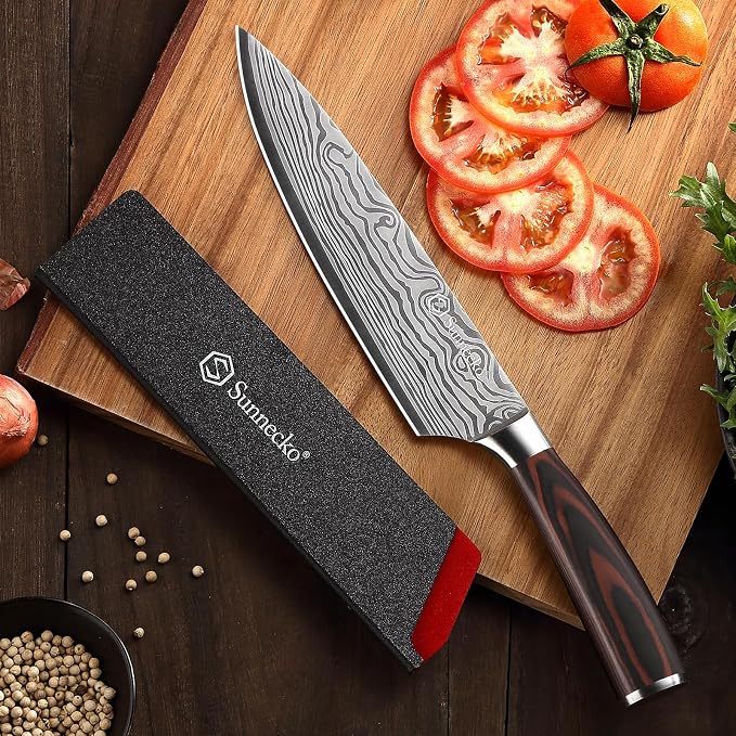 8 Inch Chef Knife - Ultra Sharp Vegetable Kitchen Knife | 12-15 Degree Edge for Meat Cutting Japanese Style, High Carbon Stainless Steel, Pakkawood Handle & Sheath, Cooking & BBQ Gift