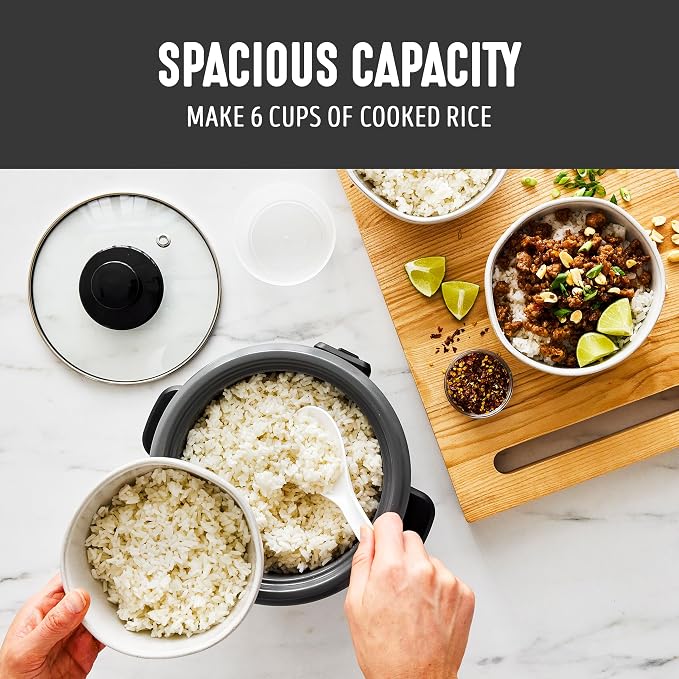 GreenLife Rice Cooker, 3-Cups Uncooked/6-Cups Cooked, Black | PFAS-Free Ceramic Nonstick Removable Pot, One-Switch Design, Grains Multicooker, Keep Warm, Dishwasher Safe Parts, Easy Clean