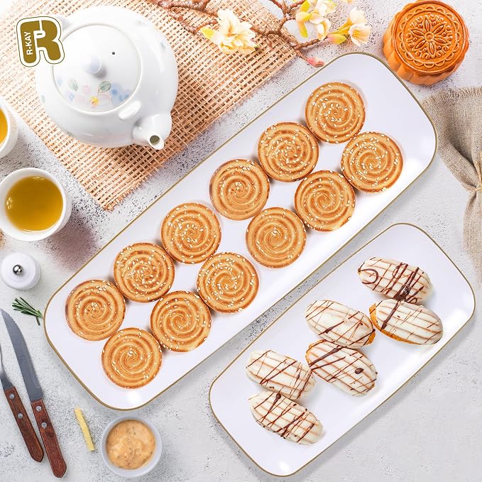 R-kay 4 Pack Plastic Serving Trays - White & Gold - 17 x 6.5 in - Heavy Duty Dessert Trays - Rectangular Party Platters
