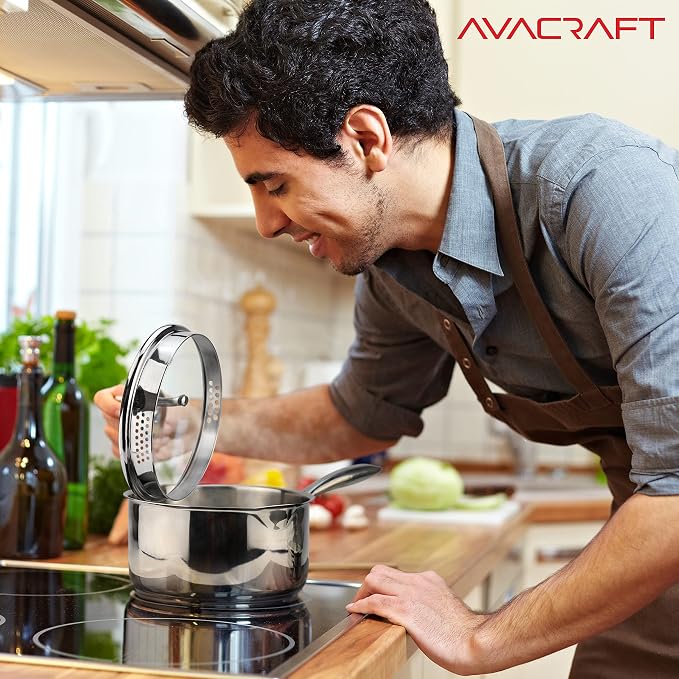 AVACRAFT 2.5 Quart Stainless Steel Saucepan with Glass Strainer Lid | 18/10 Stainless Steel, 5-Ply Capsule Base, Dual Pour Spouts, Induction Compatible, Ergonomic Handle, Dishwasher Safe
