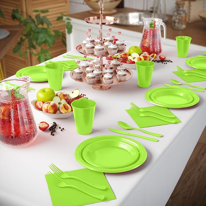 350 Pcs Lime Green Plastic Plates For Party, Lime Green Disposable Plates Set, 50 Of Each 9" Dinner Plate Set, 7" Dessert Plate, Cups, Napkins & Cutlery Plastic Dinnerware Set Exquisite
