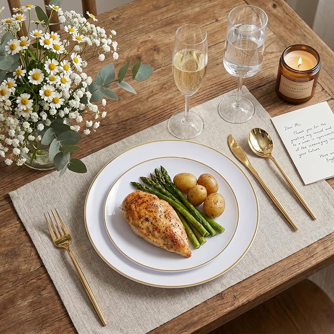 150 Gold Plastic Plates, White and Gold Disposable Plates for Party | Gold Plastic Plates ,White Plates with Gold Rim Set Include 30 Dinner Plates,30 Dessert Plates,90 Gold Cutlery for Wedding