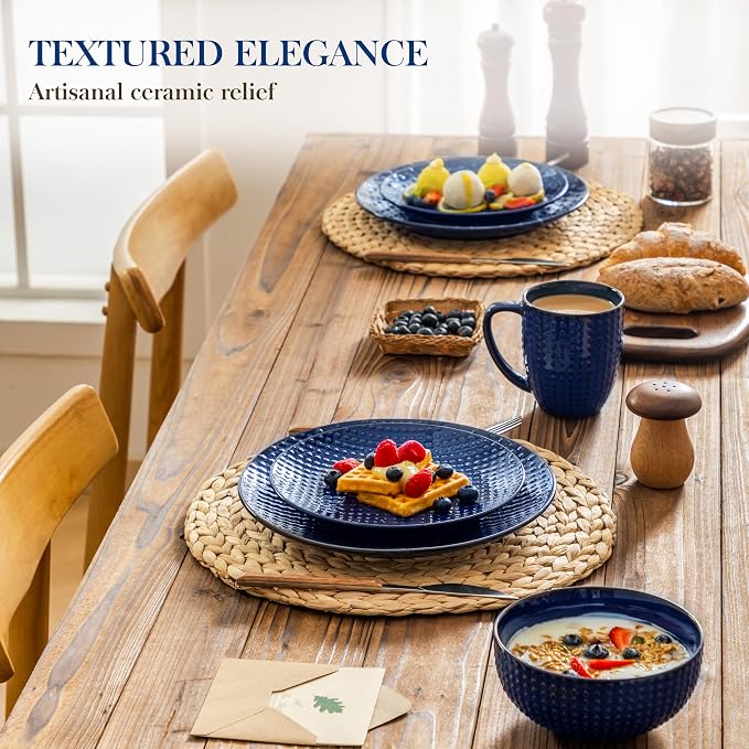 MALACASA 16 Pieces Dinnerware Sets, Farmhouse Plates and Bowls Sets, Embossed Blue Dish Set for 4, Vintage Relief Ceramic Dish Set with Mugs, Microwave and Dishwasher Safe, Series LYDIA