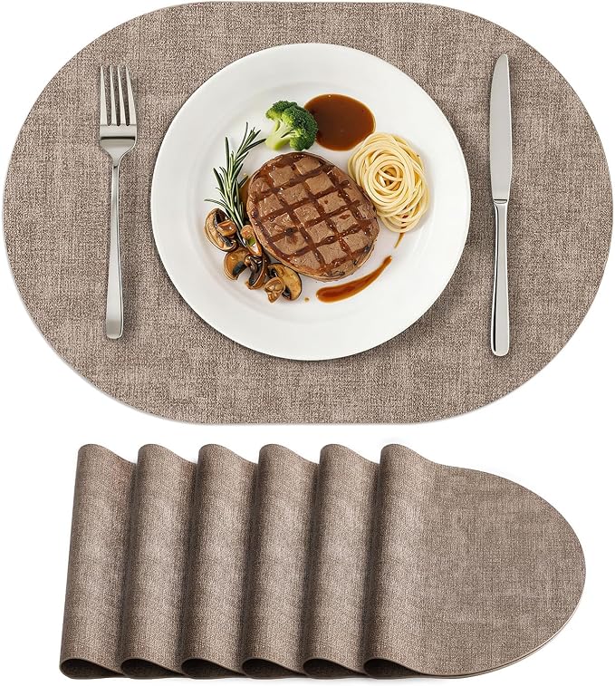 Placemats Set of 6, 11.8 x 17 Inch, Light Brown | Heat Resistant Oval Faux Leather Place Mats, Waterproof Wipeable Reversible PU Placemat, Indoor & Outdoor