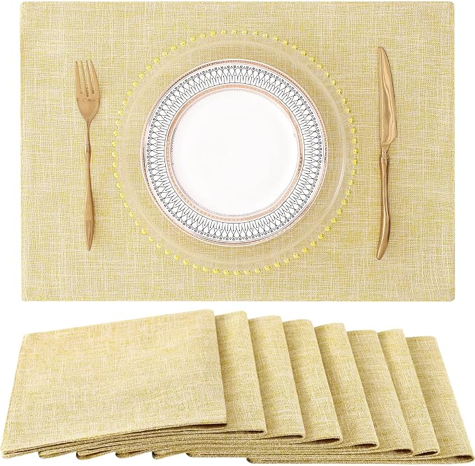 Faux Cotton Linen Placemats Set of 8, Cloth Washable Farmhouse Dining Table Mats for Indoors & Outdoors, Easy to Clean, Lemon Yellow, 13 x 19 Inch