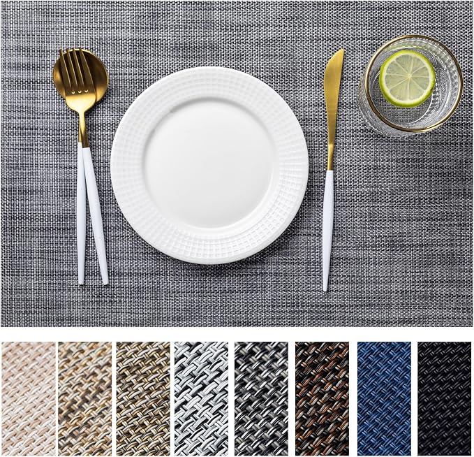 LEXMORE Placemat Set of 4 Vinyl/Plastic Woven Place Mats for Kitchen Table Indoor/Outdoor Washable Placemat Wipeable Dining Table Mats(Dark Gray)