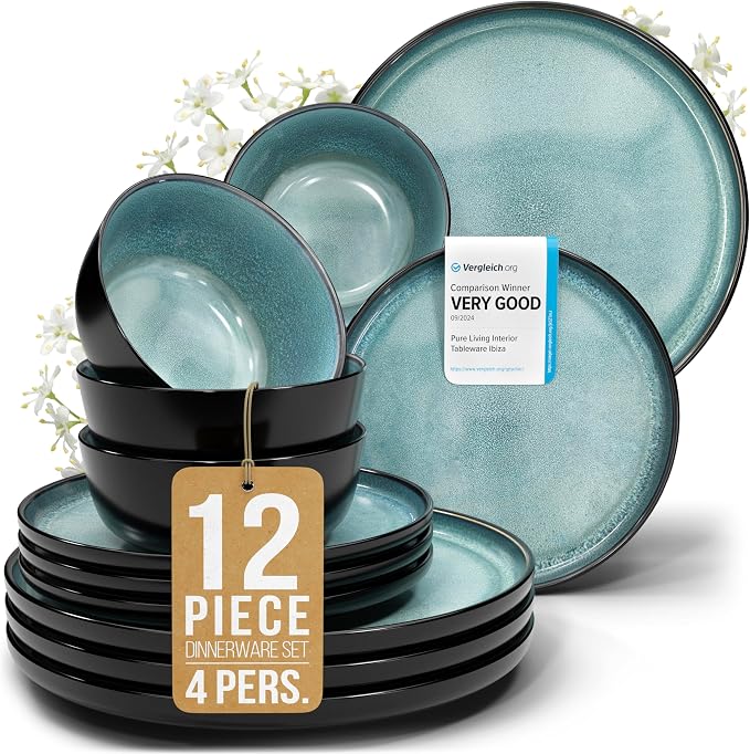 Stoneware Dinnerware Set for 4, 12 Piece Plates and Bowls Set - Handmade Reactive Glaze, Chip & Scratch Resistant Sets - Dishwasher Microwave Safe, Modern Kitchen Dinner Service in Dark Petrol Blue