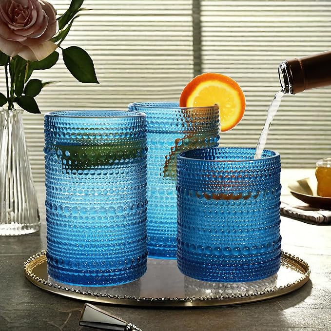 Vintage Hobnail Drinking Glass Set of 8-12 oz Highball & 10 oz Cocktail Tumblers for Whiskey, Juice, Milk