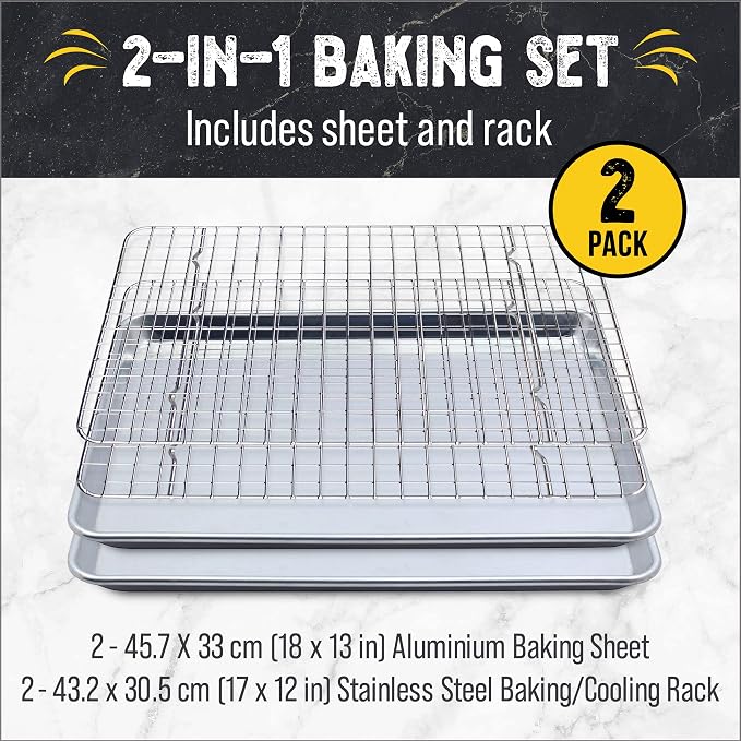 Baking Sheet, 2 Pack Half Sheet Pan with Stainless Steel Wire Rack Set - Easy Clean Cookie Sheets for Baking