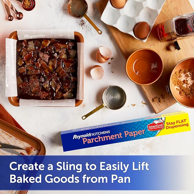 Reynolds Kitchens Stay Flat Parchment Paper Roll with SmartGrid, 45sq ft | Non-Curling Baking Parchment Paper Roll, 15 In Width, Nonstick, Microwave and Oven Safe To 425F, Easy Release and Cleanup