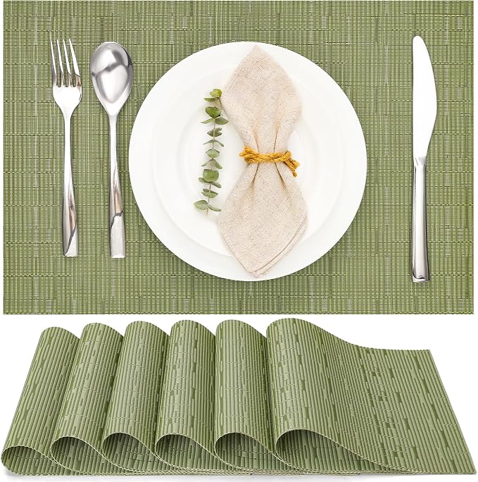 Myir JUN Placemats Set of 6 Kitchen and Dining Table Placemats | Vinyl Placemats Place Mats Indoor/Outdoor Set of 6 Washable Table Mats Non-Slip Place mats for Dining Table, Green