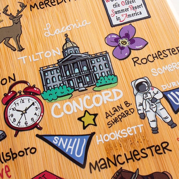 Totally Bamboo New Hampshire State Shaped Cutting Board, Art by Fish Kiss | State charcuterie board with colorful hand-drawn map artwork. Smooth reverse side for food prep. Hang tie for wall display.
