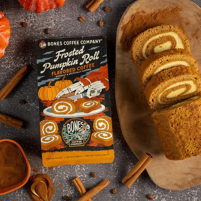 Bones Coffee Company Frosted Pumpkin Roll Flavored Coffee, Medium Roast Low Acid Arabica Beans Compatible with Auto drip and French Press Coffee Maker, 12 Oz Ground