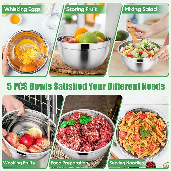 P&P CHEF Metal Mixing Bowls with Lids Set, Airtight Lids & Multicolor | 5 PCS Stainless Steel Mixing Nesting Bowls for Kitchen Prepping, Storing, Healthy & Easy Clean, Size 4.6, 3, 1.5, 1, 0.7 QT