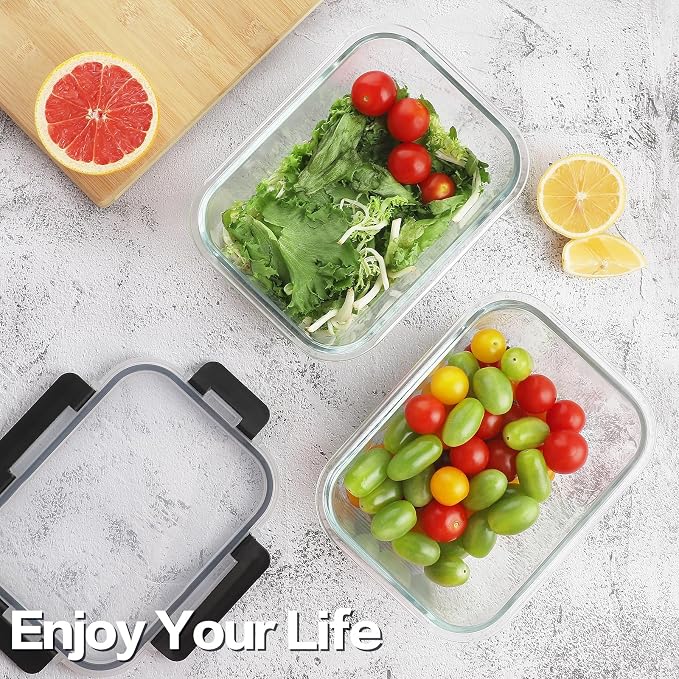 HOMBERKING 10-Pack Glass Meal Prep Containers, 36 oz/14 oz, Locking Lid Set | Borosilicate Glass Food Storage Containers Set, Airtight Lunch Bento Boxes, BPA-Free, Dishwasher Freezer, Oven Safe-Black