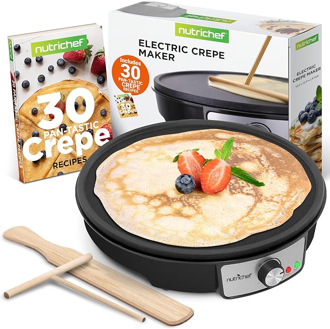 Nutrichef Electric Crepe Maker Pan & Griddle | 12 Inch Nonstick Cooktop | LED Indicators & Adjustable Temperature Control | Includes Spatula, Batter Spreader | Cooks Crepes, Roti & Pancakes