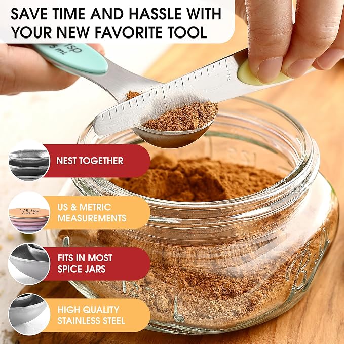 Spring Chef Stainless Steel Magnetic Measuring Spoons Set of 8, Pastel | Dual Sided Metal Teaspoon & Tablespoon Measuring Spoons with Leveler for Dry & Liquid Ingredients, Fits in Kitchen Spice Jars