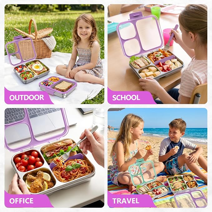 LOHASOK Stainless Steel Bento Lunch Box, 34oz/1000ml,Purple | 3-Compartment, Leak Proof, Lightweight, Clear Plastic Lid, for Kids Adults, BPA/BPS Free, Dishwasher Safe