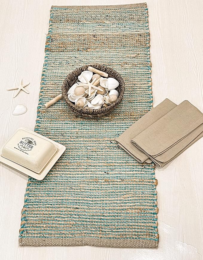 Natural Jute Table Runner 13x36 Inch – Vintage Boho Rustic Table Decor – Handwoven Table Runner in Natural Jute and Aqua Turquoise – Farmhouse Dining or Console Table Accent