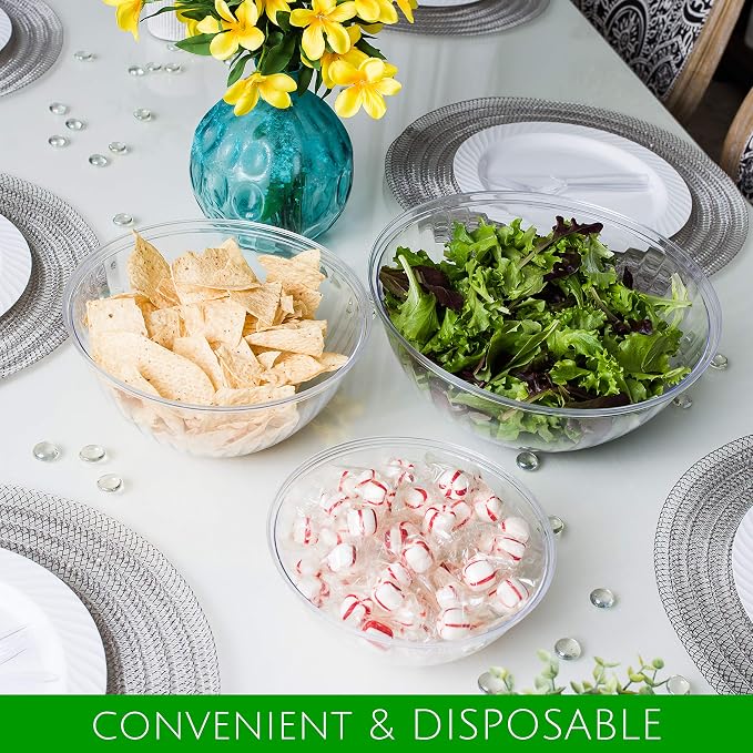 PLASTICPRO Disposable Combo Set of Salad Bowl With Lids Includes 2, 48 Ounce 2, 96 oz 2, 150 Ounce Round Crystal Clear Plastic Serving Bowl