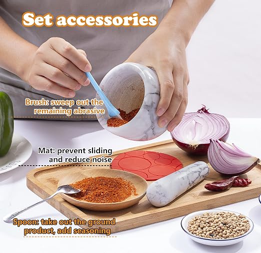 Mortar and Pestle Set Polished Natural Marble Stone Guacamole Molcajete Bowl with Silicone Pad, Stainless Spoon and Small Brush (Small, Light White Gray)