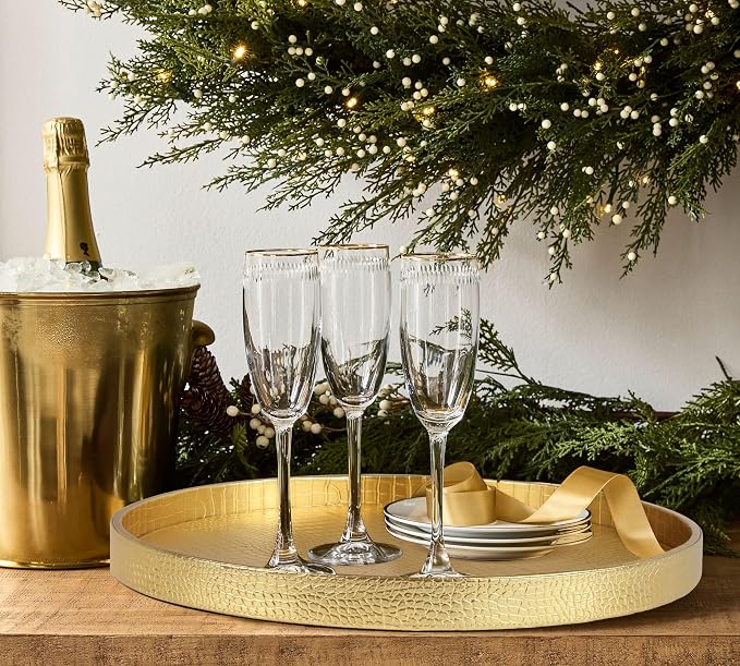 HofferRuffer Round Serving Tray 20'', Elegant Faux Leather Circle Ottoman Table Tray, Serve Tea Coffee Breakfast in Bedroom Living Room Kitchen (Gold, 20")