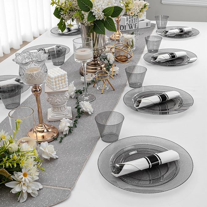 DaYammi 210PCS Black Glitter Plastic Dinnerware Set for 30 Guests, Fancy Disposable Plates for Party, Include: 30 Dinner Plates, 30 Dessert Plates, 30 Pre Rolled Napkins and 30 Cups