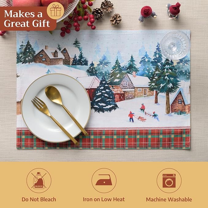 Maison d' Hermine Placemats Set of 4 Reusable 100% Cotton (13"x19") | Cloth Place Mats Washable Table Mats for Kitchen Dining Party Wedding Hotel Home Thanksgiving Christmas - Megeve