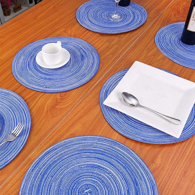 Zupro Round Placemats Set of 6,Braided Cotton Table Mats Heat Resistant Non-Slip Washable,for Kitchen Dining Tables Four Seasons Dinner Parties Thanksgiving Christmas and Everyday Use.Blue White