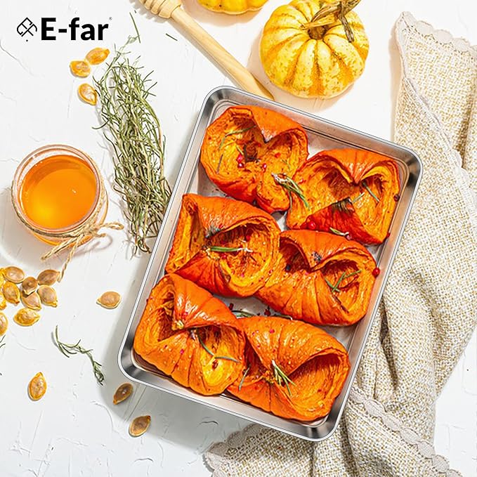 E-far Mini Toaster Oven Tray, 9.4”x7.3” Stainless Steel Baking Cookie Sheet | Small Non-toxic Metal Baking Pan for Cake Cookies, Rust Free & Warp Free, Mirror Finish & Dishwasher Safe