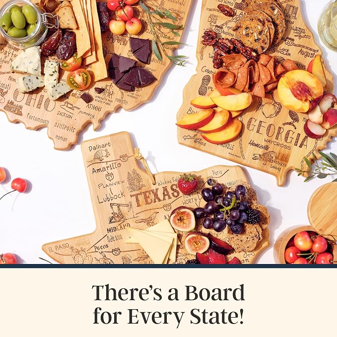Totally Bamboo Destination Texas State Shaped Cutting Board | State charcuterie serving board with engraved map artwork. Smooth reverse side for food prep. Hang tie for wall display.
